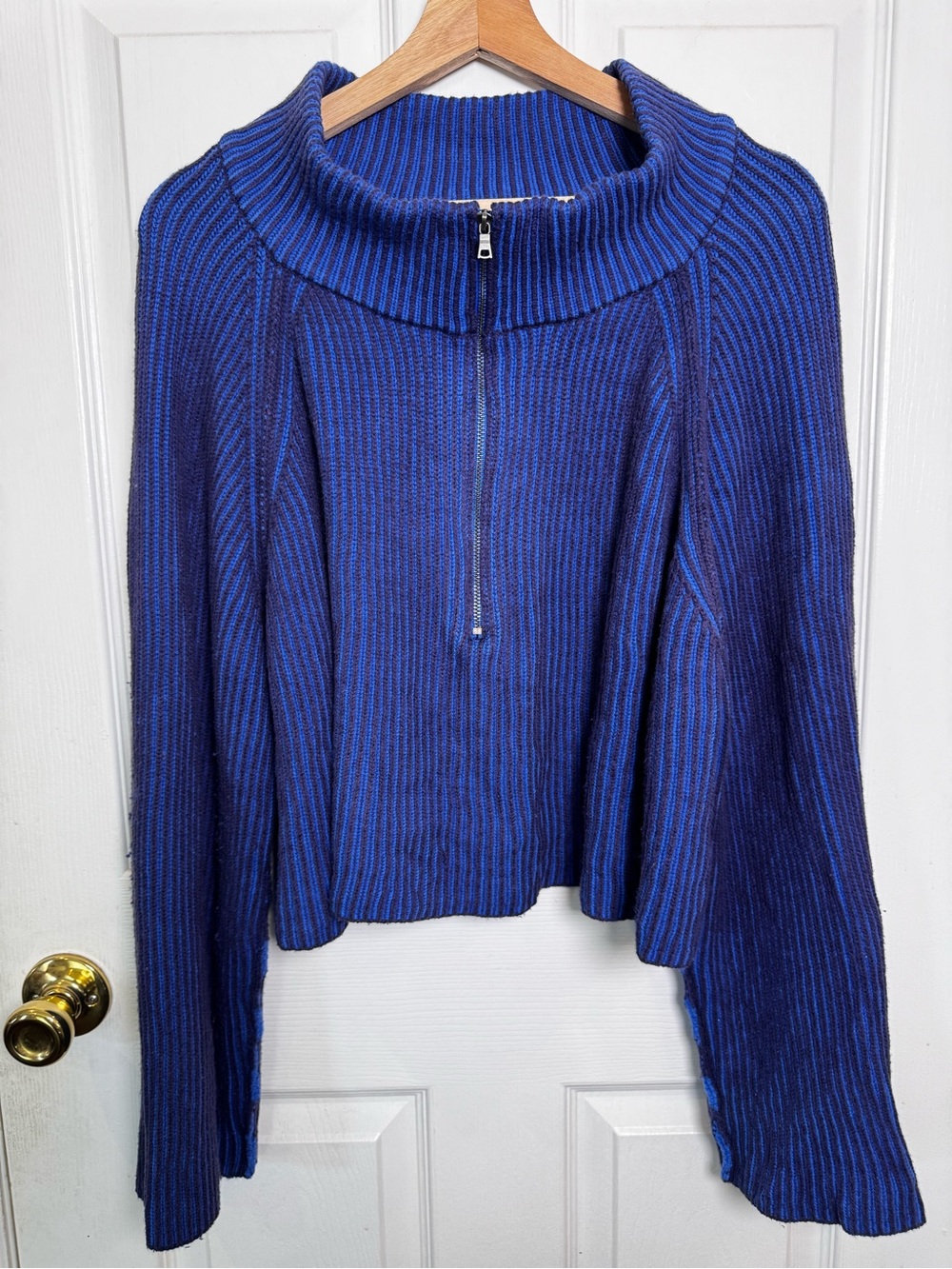Free People Striped Greta Half Zip Sweater Indigo Blue Medium Boho Fall Winter